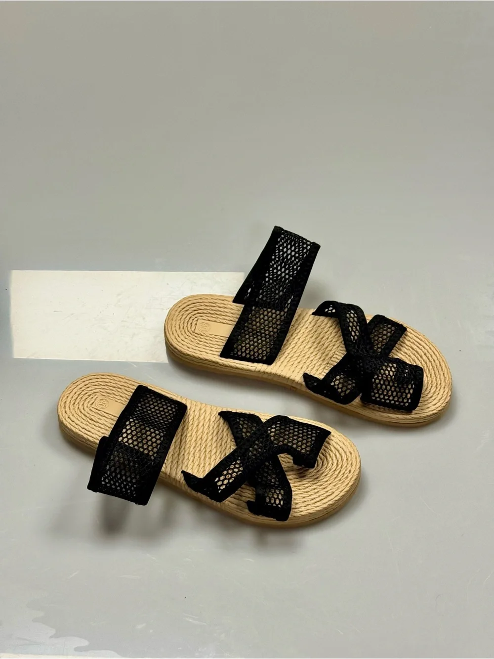 Women’s Size 40 Black Mesh Bow Raffia Slide Sandals Beach Resort Flats